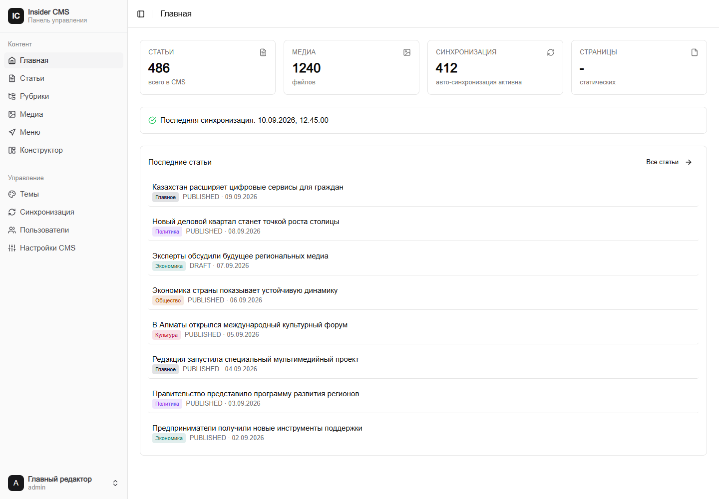 Редакционный дашборд — Insider CMS